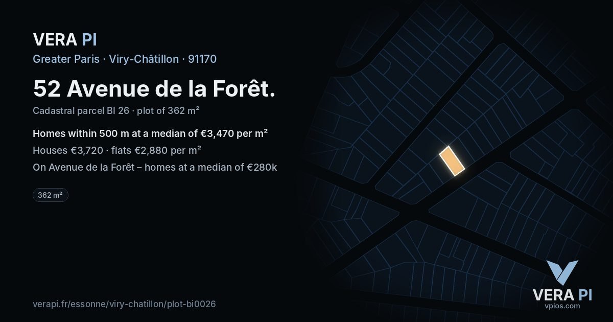 52 Avenue de la Forêt, Viry-Châtillon at night – the plot lit, the parcels around coloured by the prices near them