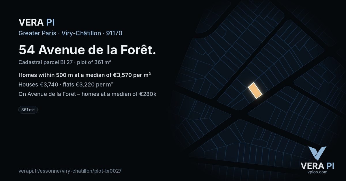 54 Avenue de la Forêt, Viry-Châtillon at night – the plot lit, the parcels around coloured by the prices near them