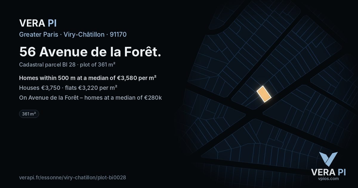 56 Avenue de la Forêt, Viry-Châtillon at night – the plot lit, the parcels around coloured by the prices near them