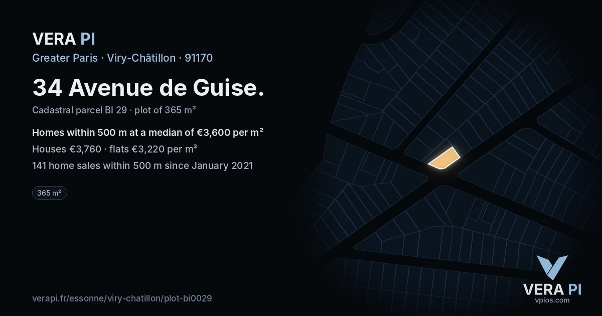 34 Avenue de Guise, Viry-Châtillon at night – the plot lit, the parcels around coloured by the prices near them