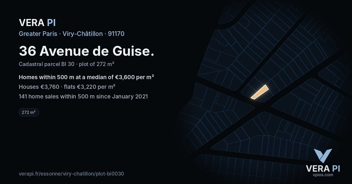 36 Avenue de Guise, Viry-Châtillon at night – the plot lit, the parcels around coloured by the prices near them