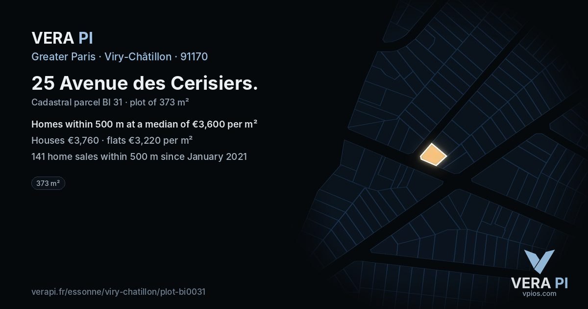 25 Avenue des Cerisiers, Viry-Châtillon at night – the plot lit, the parcels around coloured by the prices near them