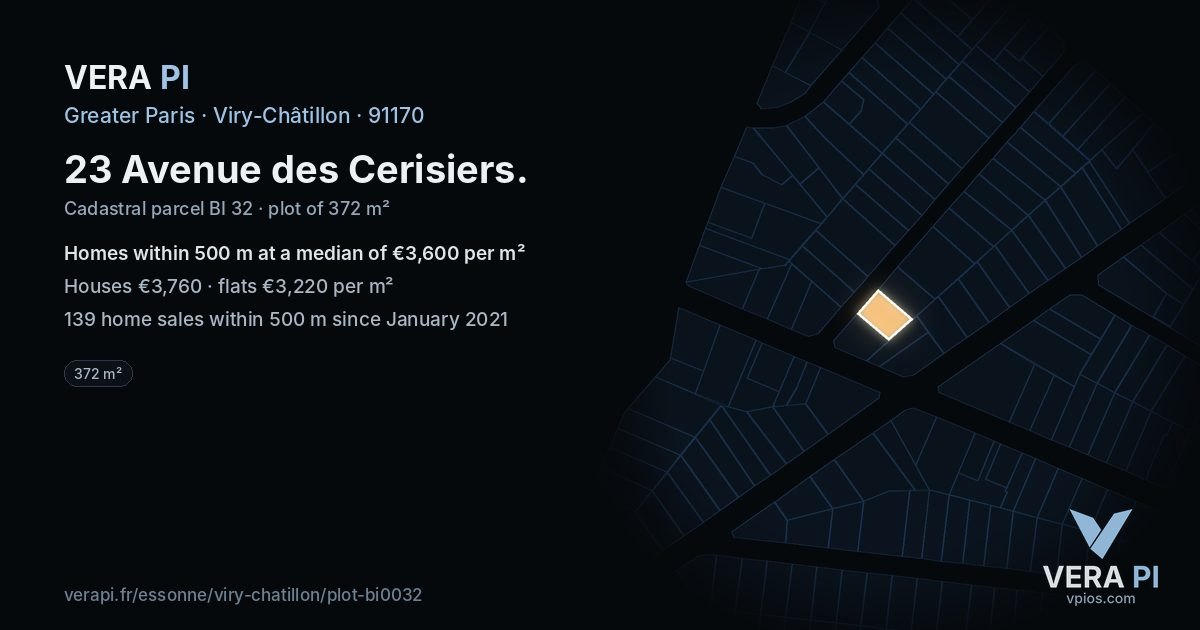 23 Avenue des Cerisiers, Viry-Châtillon at night – the plot lit, the parcels around coloured by the prices near them