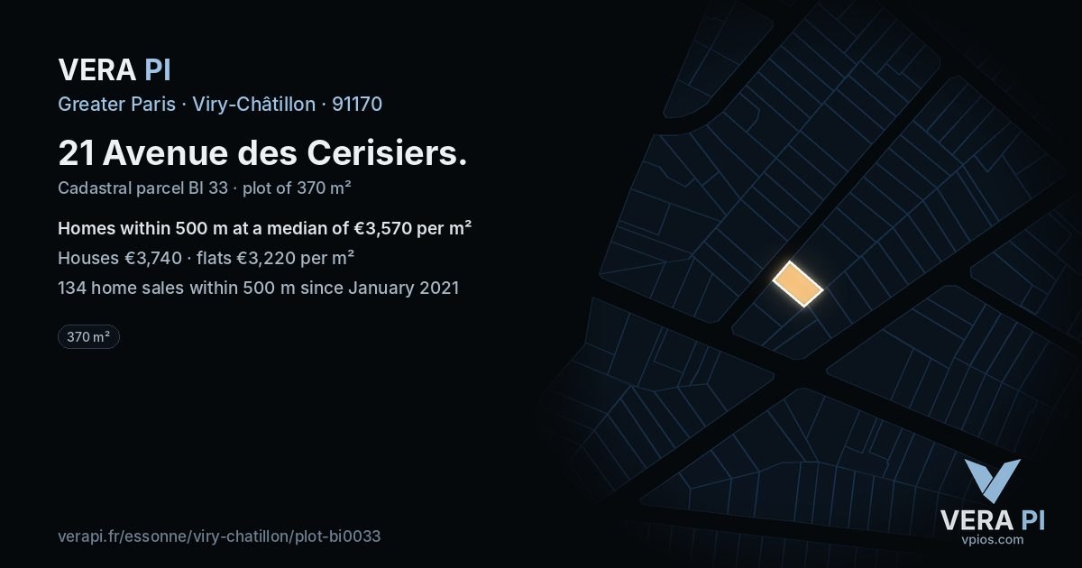 21 Avenue des Cerisiers, Viry-Châtillon at night – the plot lit, the parcels around coloured by the prices near them