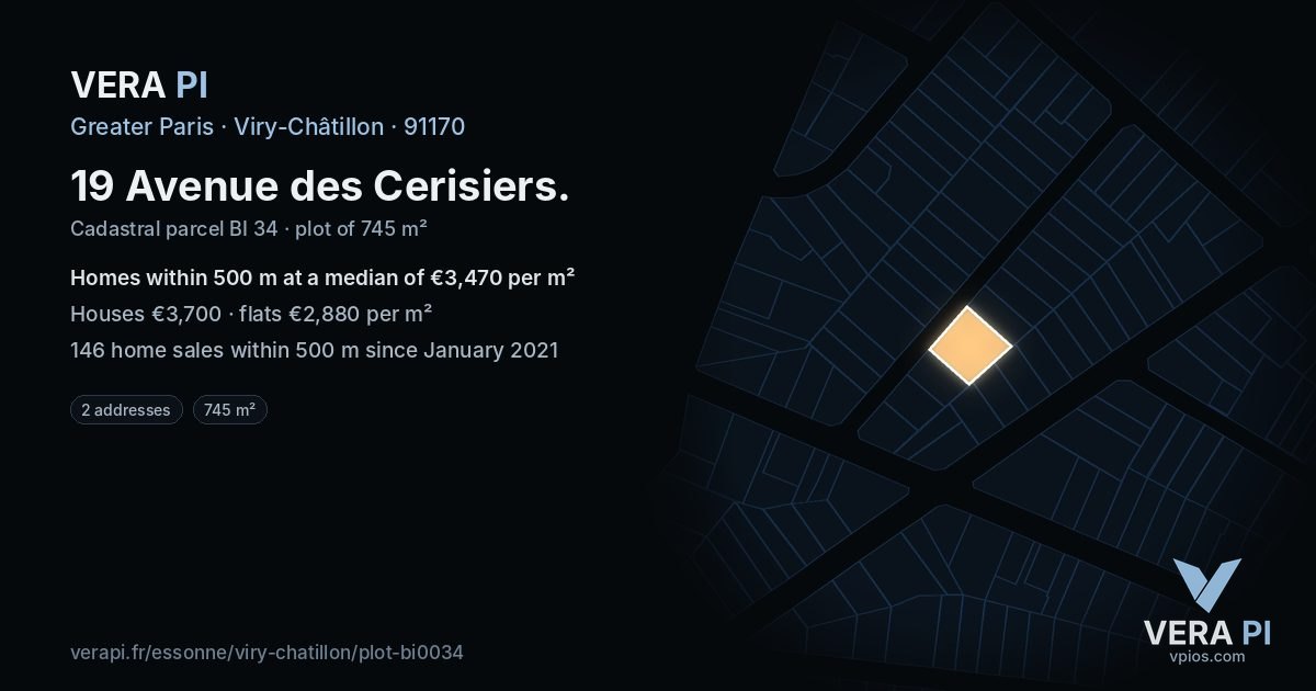19 Avenue des Cerisiers, Viry-Châtillon at night – the plot lit, the parcels around coloured by the prices near them