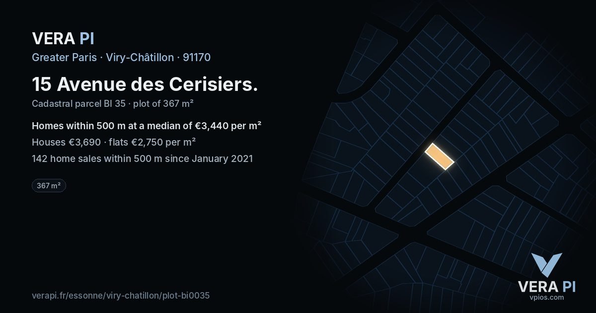 15 Avenue des Cerisiers, Viry-Châtillon at night – the plot lit, the parcels around coloured by the prices near them