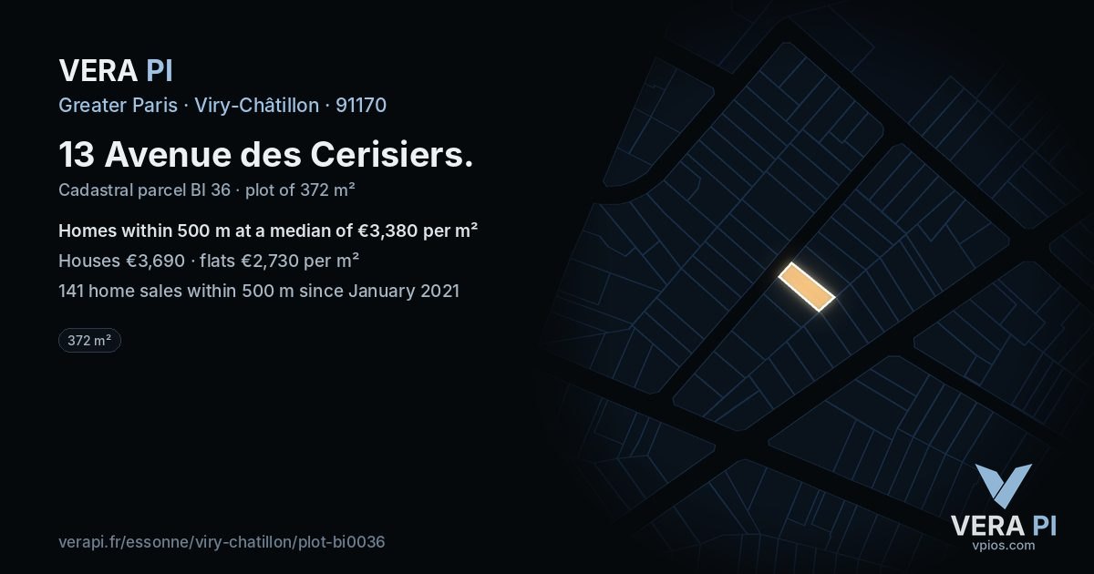 13 Avenue des Cerisiers, Viry-Châtillon at night – the plot lit, the parcels around coloured by the prices near them