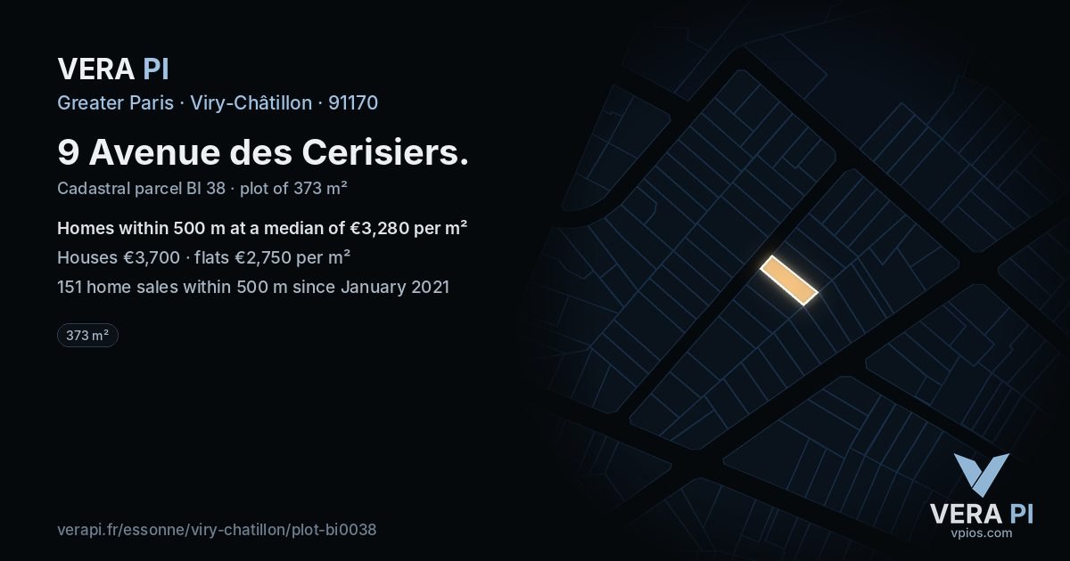 9 Avenue des Cerisiers, Viry-Châtillon at night – the plot lit, the parcels around coloured by the prices near them