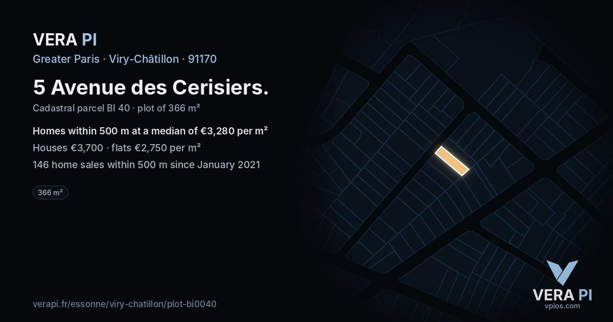 5 Avenue des Cerisiers, Viry-Châtillon at night – the plot lit, the parcels around coloured by the prices near them