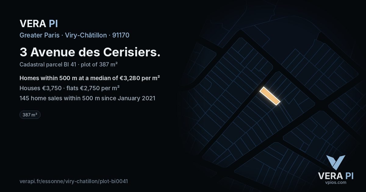 3 Avenue des Cerisiers, Viry-Châtillon at night – the plot lit, the parcels around coloured by the prices near them