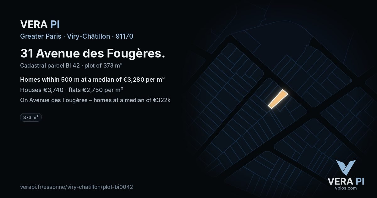 31 Avenue des Fougères, Viry-Châtillon at night – the plot lit, the parcels around coloured by the prices near them