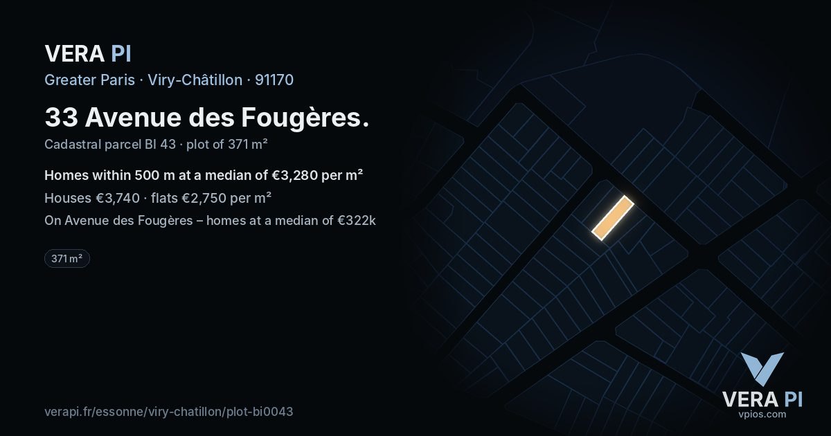 33 Avenue des Fougères, Viry-Châtillon at night – the plot lit, the parcels around coloured by the prices near them