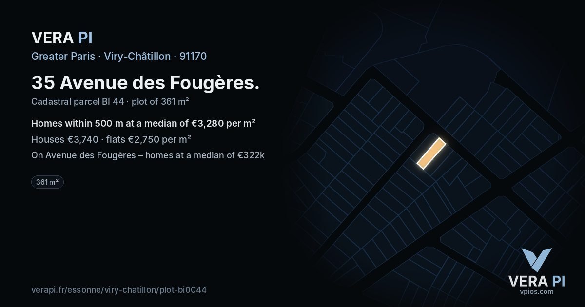 35 Avenue des Fougères, Viry-Châtillon at night – the plot lit, the parcels around coloured by the prices near them