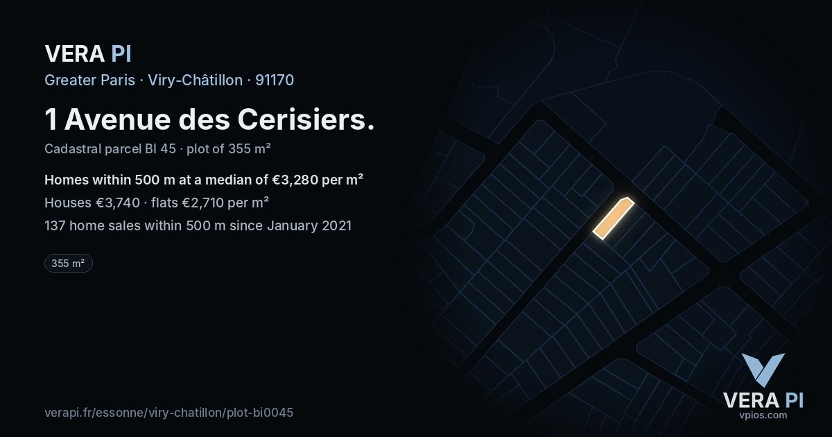 1 Avenue des Cerisiers, Viry-Châtillon at night – the plot lit, the parcels around coloured by the prices near them