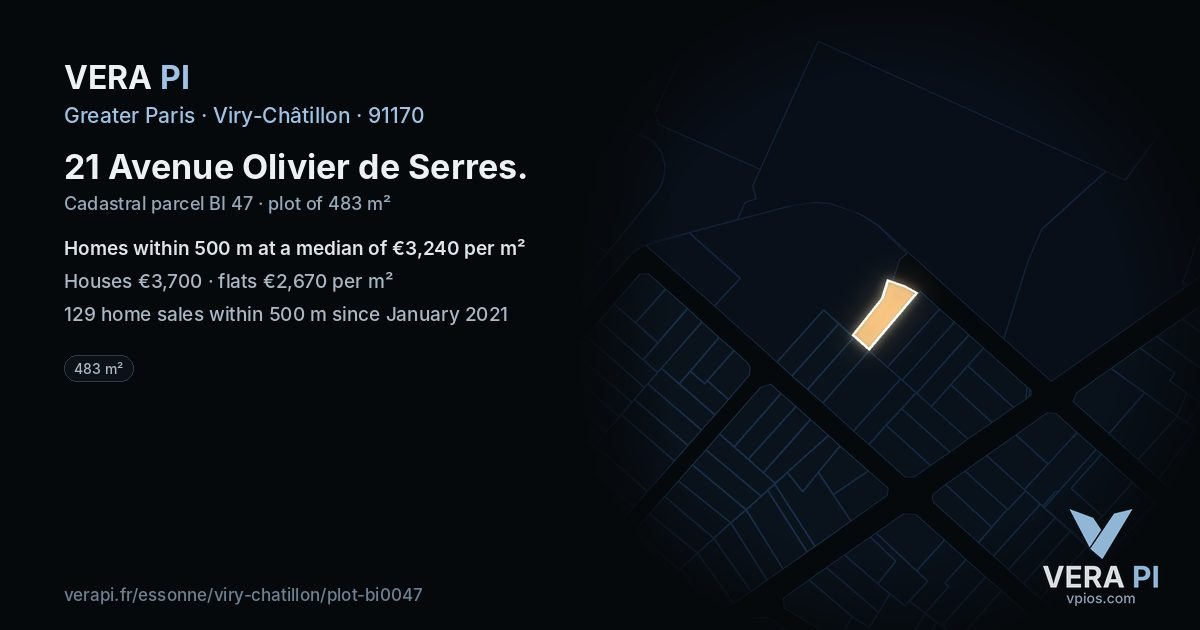 21 Avenue Olivier de Serres, Viry-Châtillon at night – the plot lit, the parcels around coloured by the prices near them