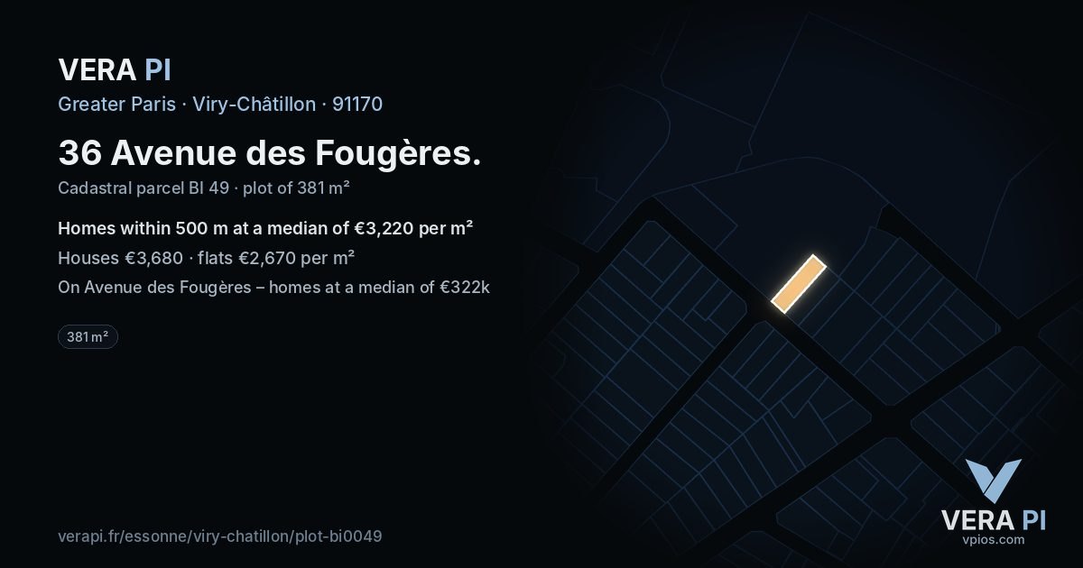 36 Avenue des Fougères, Viry-Châtillon at night – the plot lit, the parcels around coloured by the prices near them