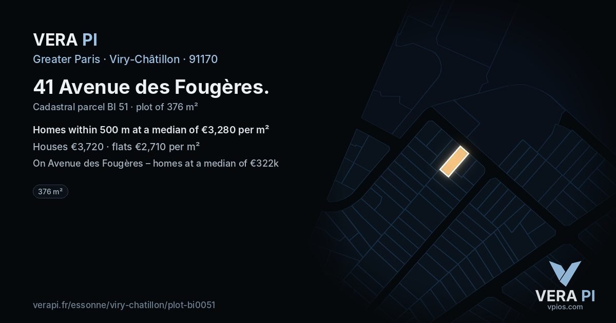 41 Avenue des Fougères, Viry-Châtillon at night – the plot lit, the parcels around coloured by the prices near them