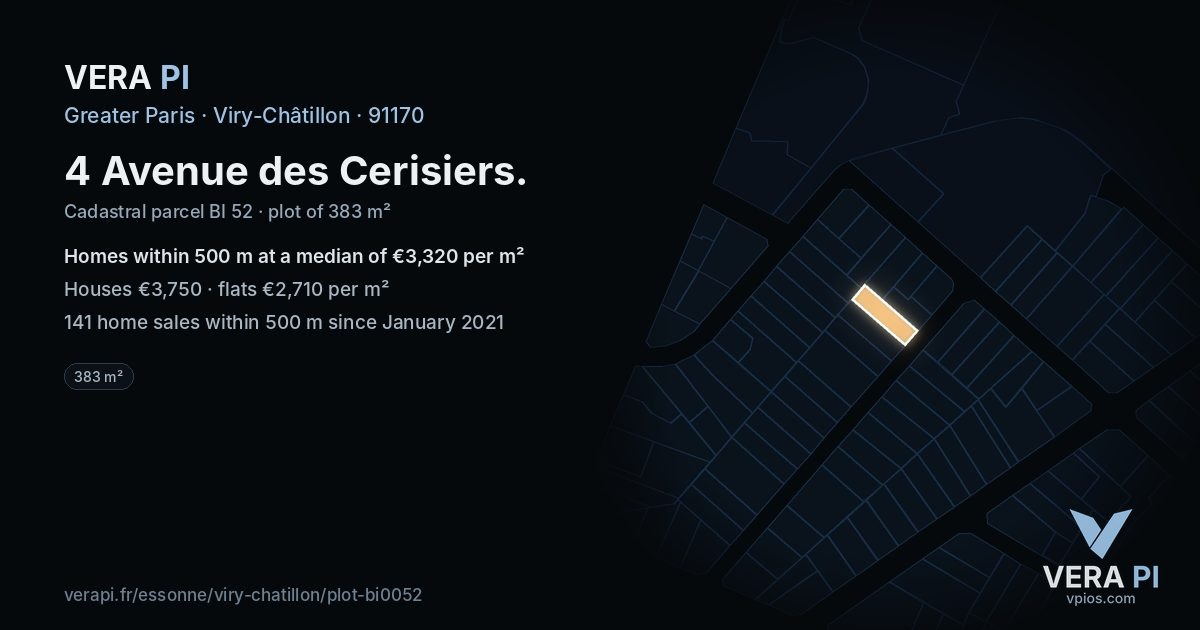 4 Avenue des Cerisiers, Viry-Châtillon at night – the plot lit, the parcels around coloured by the prices near them