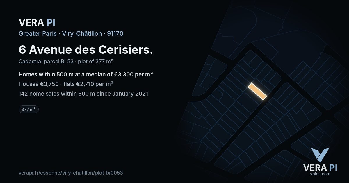 6 Avenue des Cerisiers, Viry-Châtillon at night – the plot lit, the parcels around coloured by the prices near them