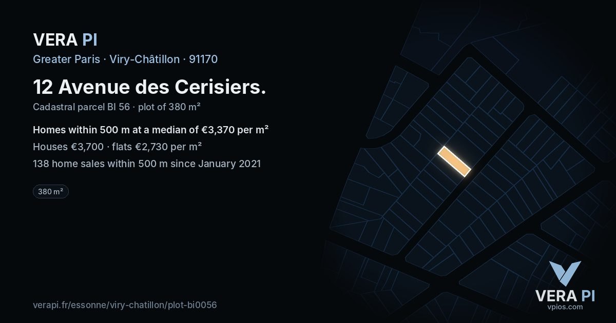 12 Avenue des Cerisiers, Viry-Châtillon at night – the plot lit, the parcels around coloured by the prices near them