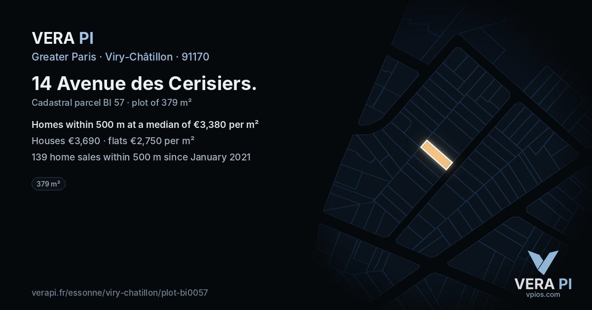 14 Avenue des Cerisiers, Viry-Châtillon at night – the plot lit, the parcels around coloured by the prices near them