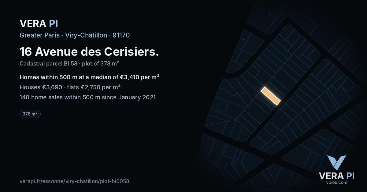 16 Avenue des Cerisiers, Viry-Châtillon at night – the plot lit, the parcels around coloured by the prices near them