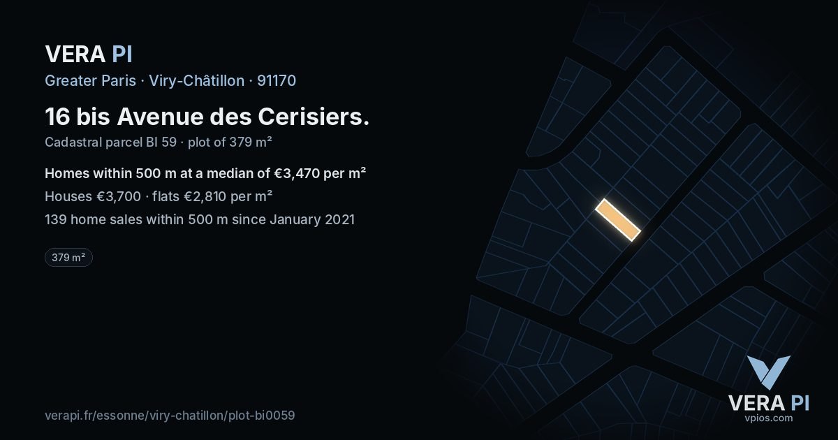 16 bis Avenue des Cerisiers, Viry-Châtillon at night – the plot lit, the parcels around coloured by the prices near them