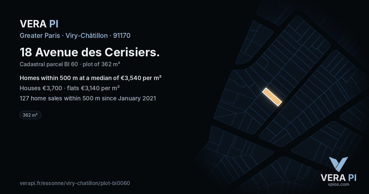 18 Avenue des Cerisiers, Viry-Châtillon at night – the plot lit, the parcels around coloured by the prices near them