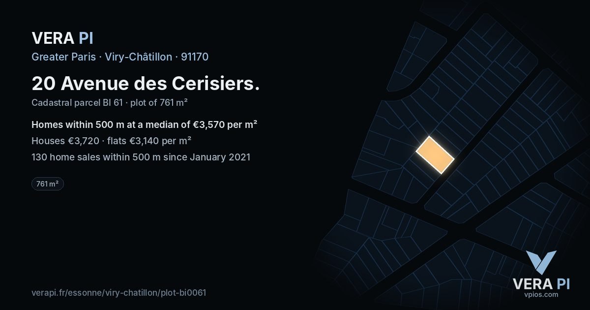 20 Avenue des Cerisiers, Viry-Châtillon at night – the plot lit, the parcels around coloured by the prices near them