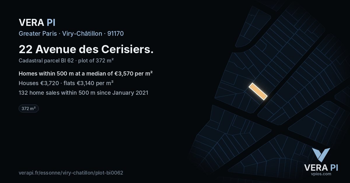 22 Avenue des Cerisiers, Viry-Châtillon at night – the plot lit, the parcels around coloured by the prices near them