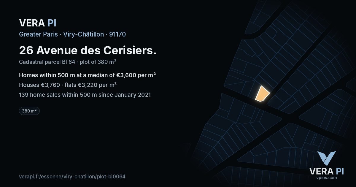 26 Avenue des Cerisiers, Viry-Châtillon at night – the plot lit, the parcels around coloured by the prices near them