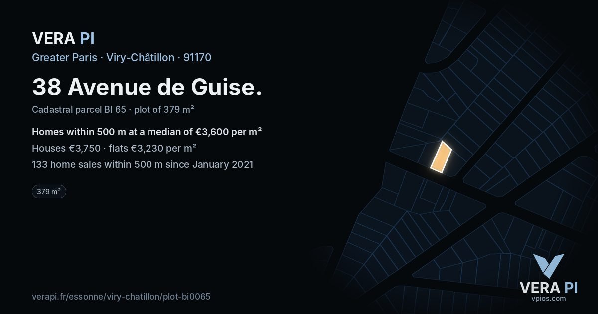 38 Avenue de Guise, Viry-Châtillon at night – the plot lit, the parcels around coloured by the prices near them