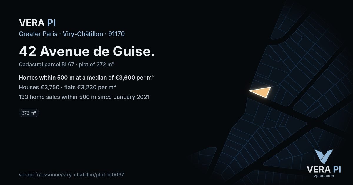 42 Avenue de Guise, Viry-Châtillon at night – the plot lit, the parcels around coloured by the prices near them