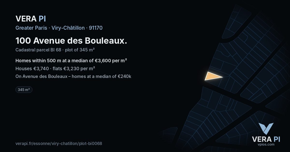100 Avenue des Bouleaux, Viry-Châtillon at night – the plot lit, the parcels around coloured by the prices near them