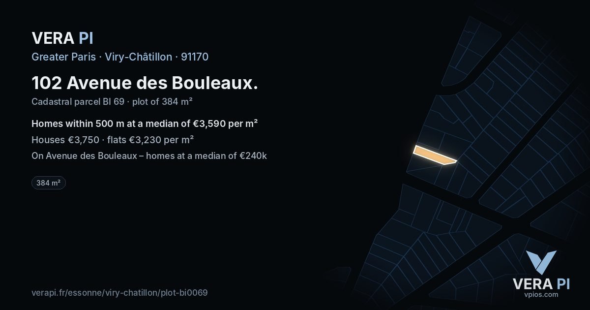 102 Avenue des Bouleaux, Viry-Châtillon at night – the plot lit, the parcels around coloured by the prices near them