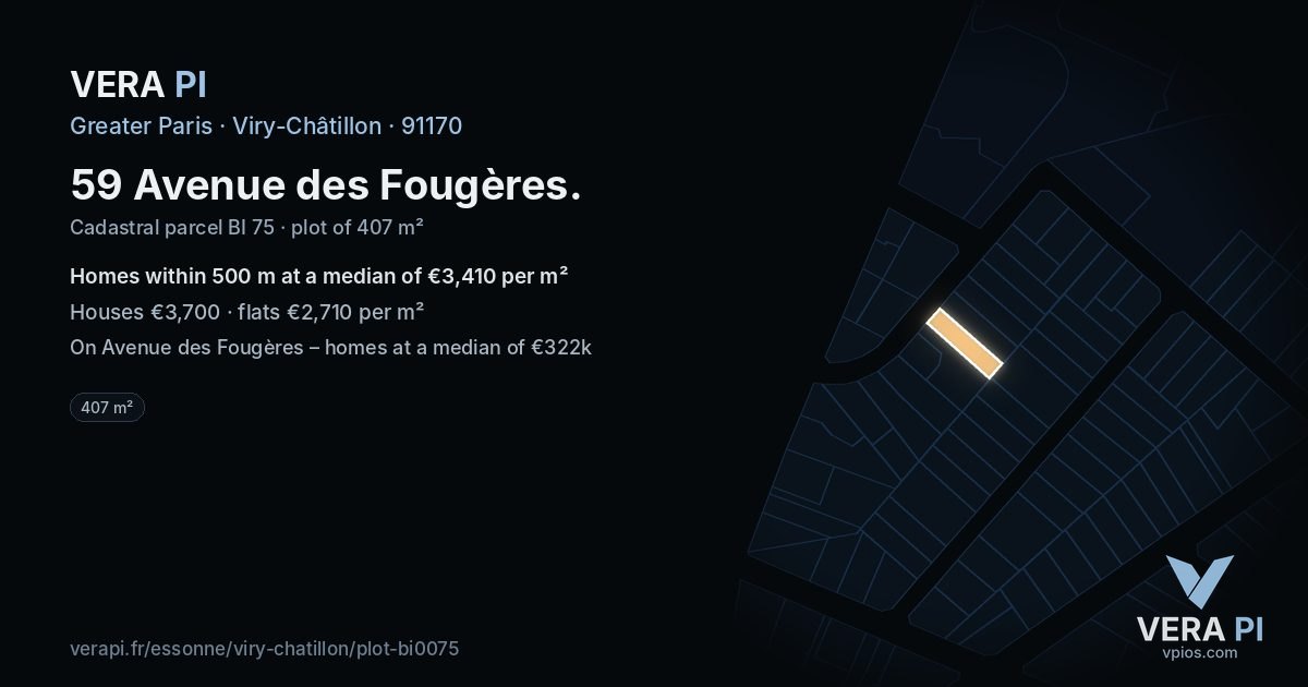 59 Avenue des Fougères, Viry-Châtillon at night – the plot lit, the parcels around coloured by the prices near them