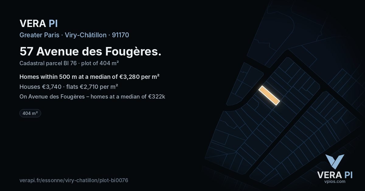 57 Avenue des Fougères, Viry-Châtillon at night – the plot lit, the parcels around coloured by the prices near them