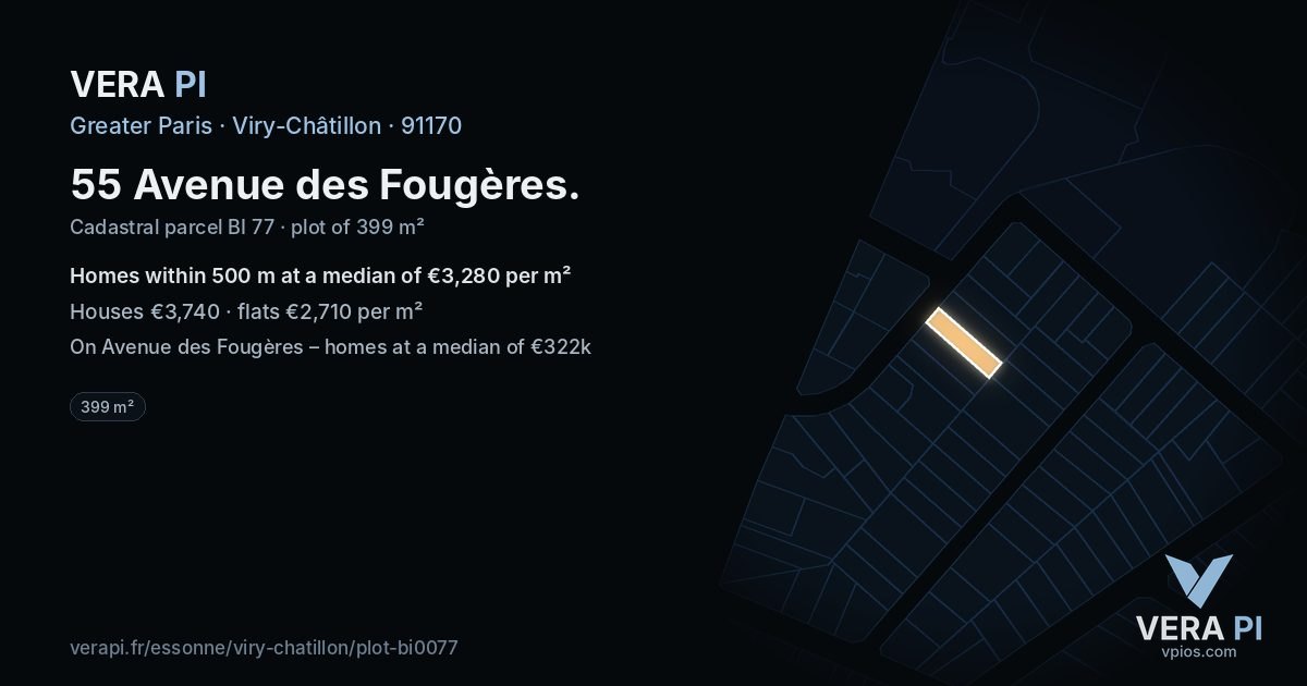 55 Avenue des Fougères, Viry-Châtillon at night – the plot lit, the parcels around coloured by the prices near them