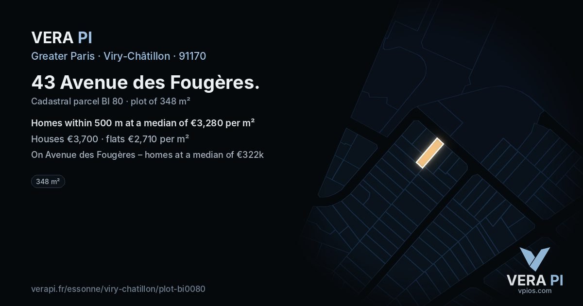 43 Avenue des Fougères, Viry-Châtillon at night – the plot lit, the parcels around coloured by the prices near them