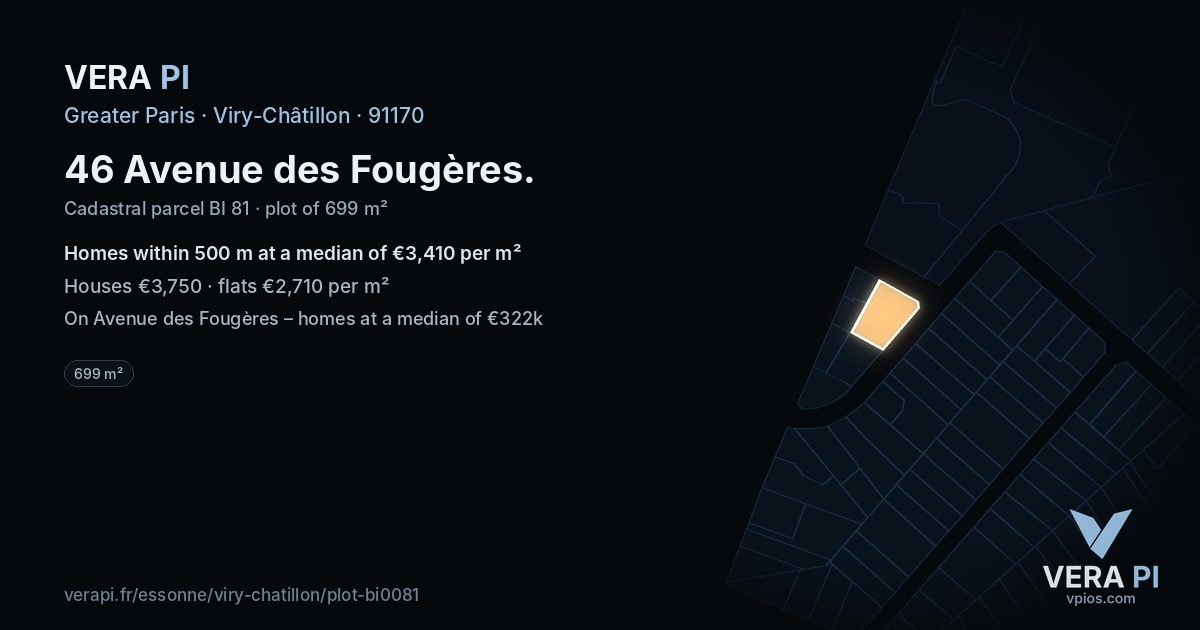 46 Avenue des Fougères, Viry-Châtillon at night – the plot lit, the parcels around coloured by the prices near them