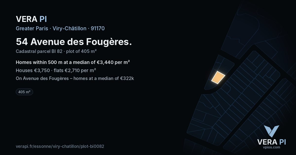 54 Avenue des Fougères, Viry-Châtillon at night – the plot lit, the parcels around coloured by the prices near them