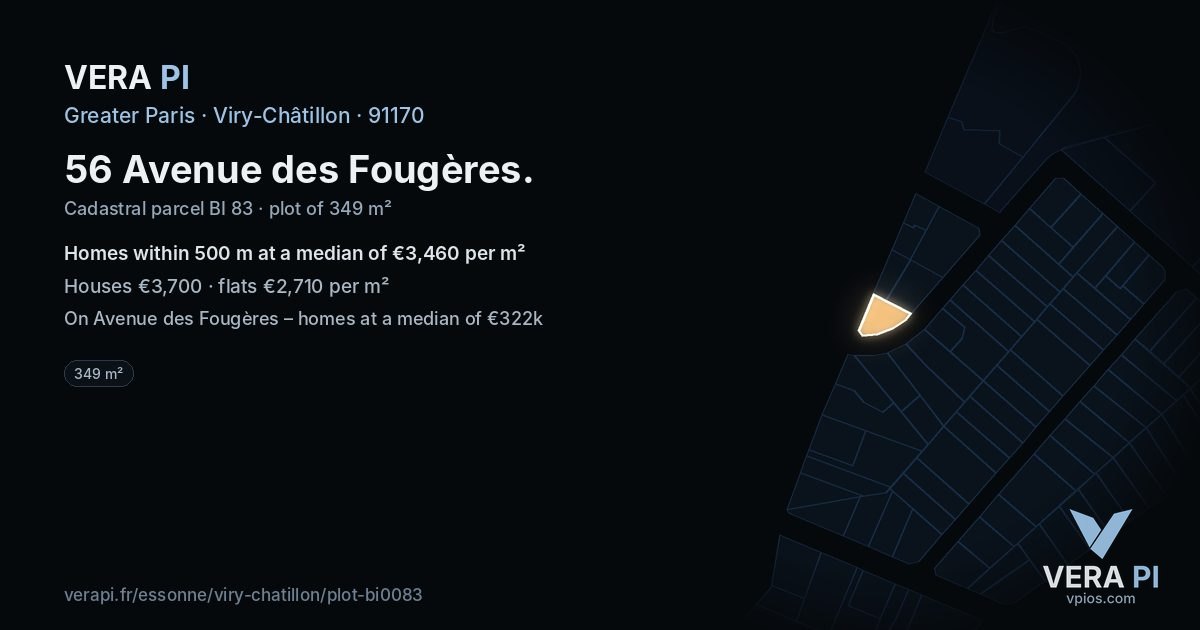 56 Avenue des Fougères, Viry-Châtillon at night – the plot lit, the parcels around coloured by the prices near them