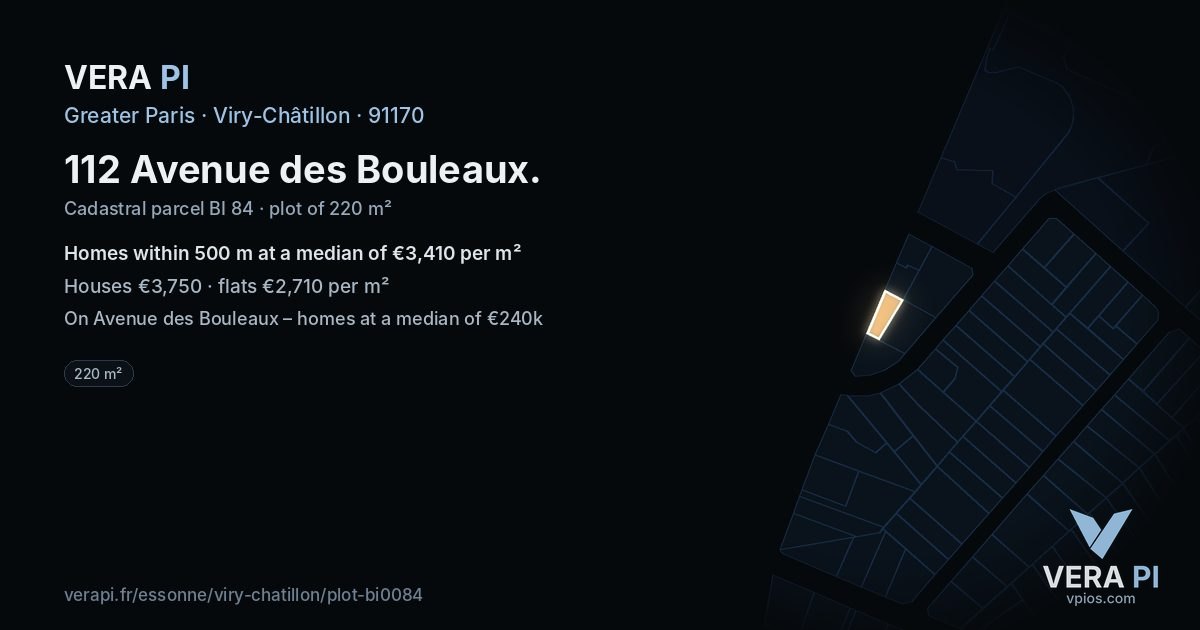 112 Avenue des Bouleaux, Viry-Châtillon at night – the plot lit, the parcels around coloured by the prices near them