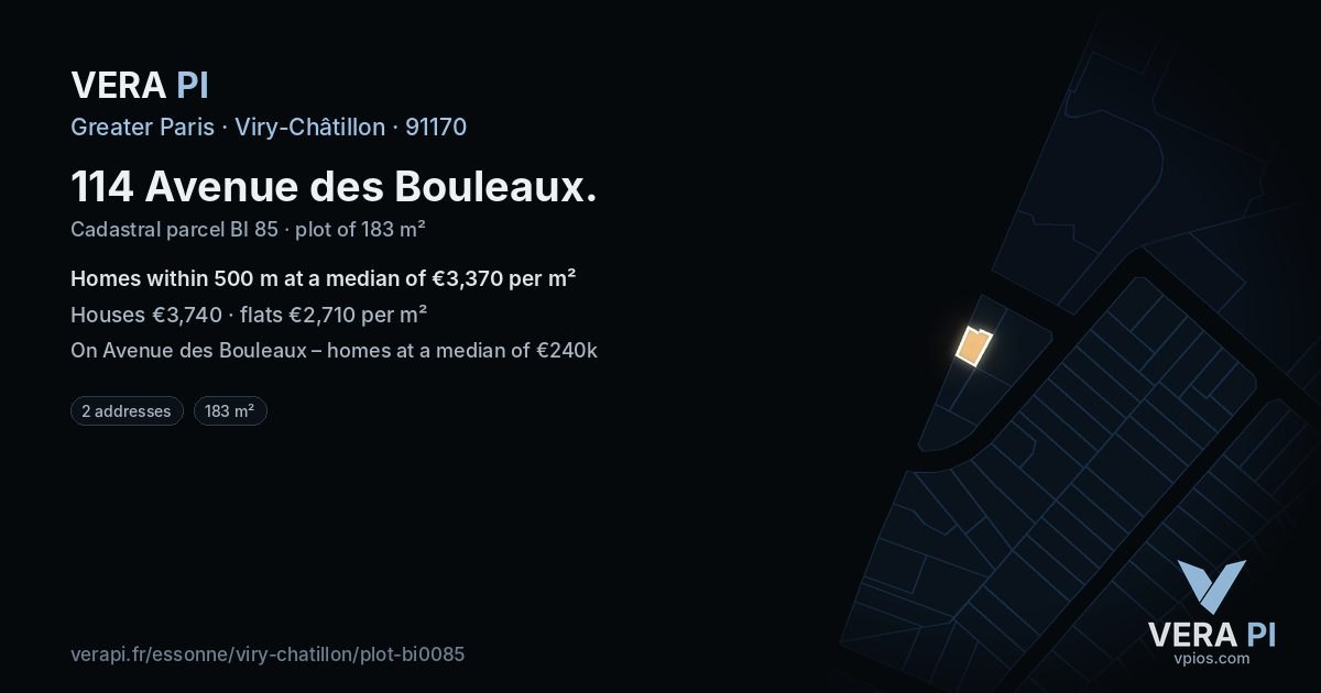 114 Avenue des Bouleaux, Viry-Châtillon at night – the plot lit, the parcels around coloured by the prices near them