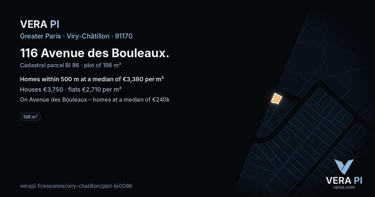 116 Avenue des Bouleaux, Viry-Châtillon at night – the plot lit, the parcels around coloured by the prices near them