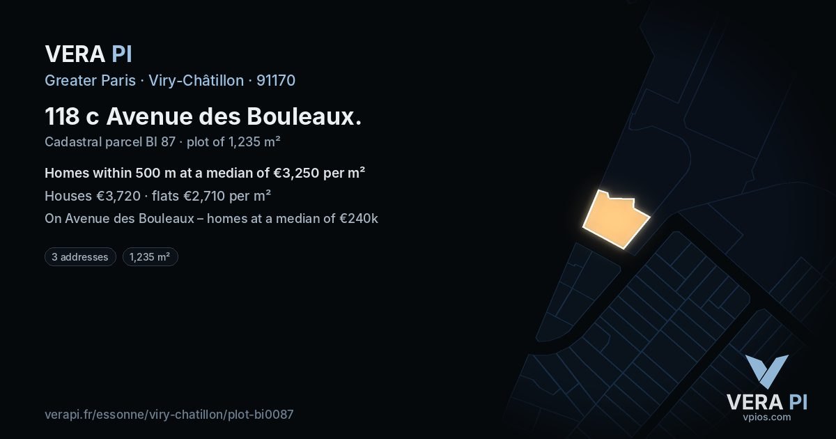 118 c Avenue des Bouleaux, Viry-Châtillon at night – the plot lit, the parcels around coloured by the prices near them