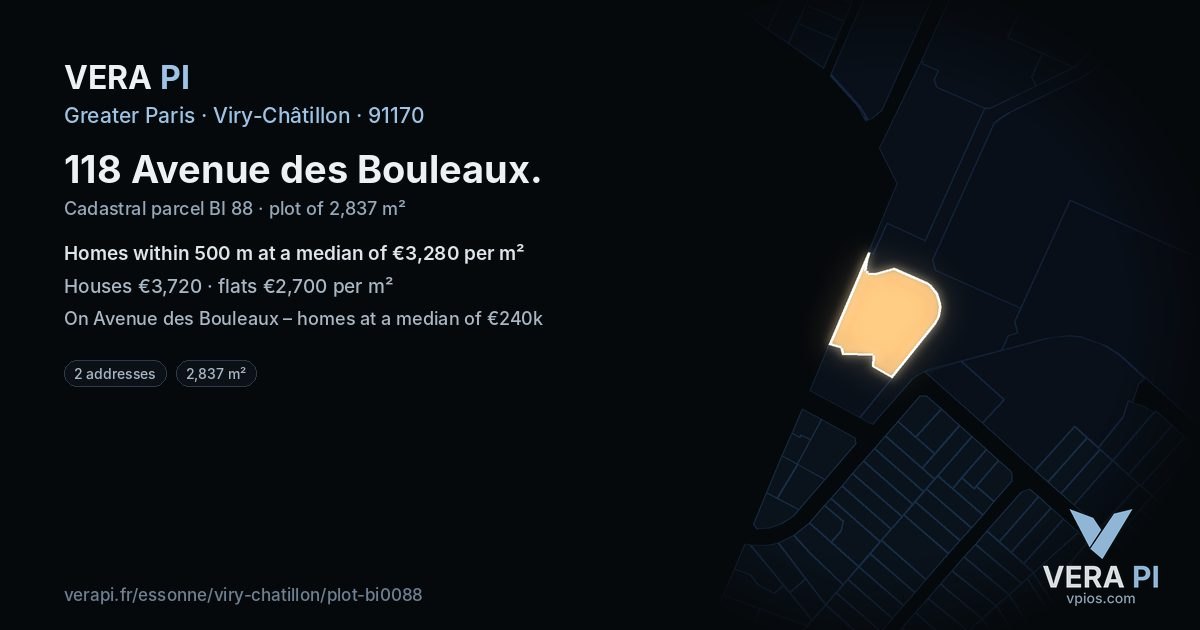 118 Avenue des Bouleaux, Viry-Châtillon at night – the plot lit, the parcels around coloured by the prices near them
