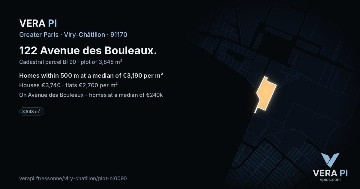 122 Avenue des Bouleaux, Viry-Châtillon at night – the plot lit, the parcels around coloured by the prices near them