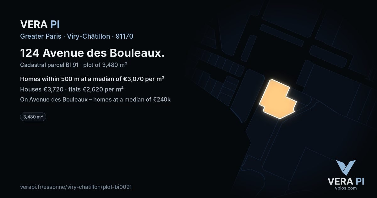 124 Avenue des Bouleaux, Viry-Châtillon at night – the plot lit, the parcels around coloured by the prices near them