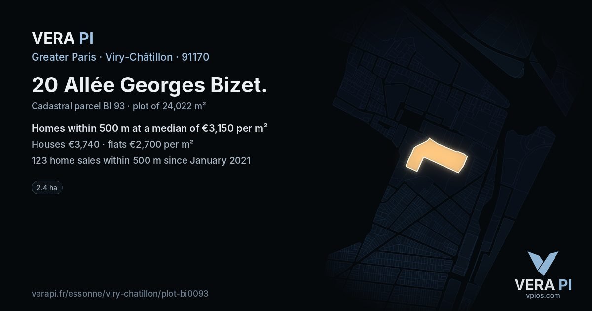 20 Allée Georges Bizet, Viry-Châtillon at night – the plot lit, the parcels around coloured by the prices near them